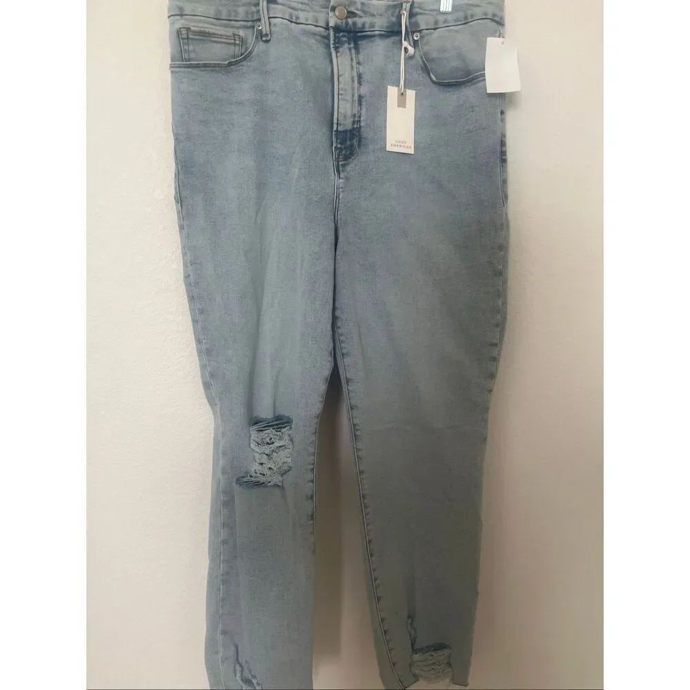 Good American Good Classic Jeans High Rise Skinny Fit Light Wash Distressed Size - Picture 2 of 6